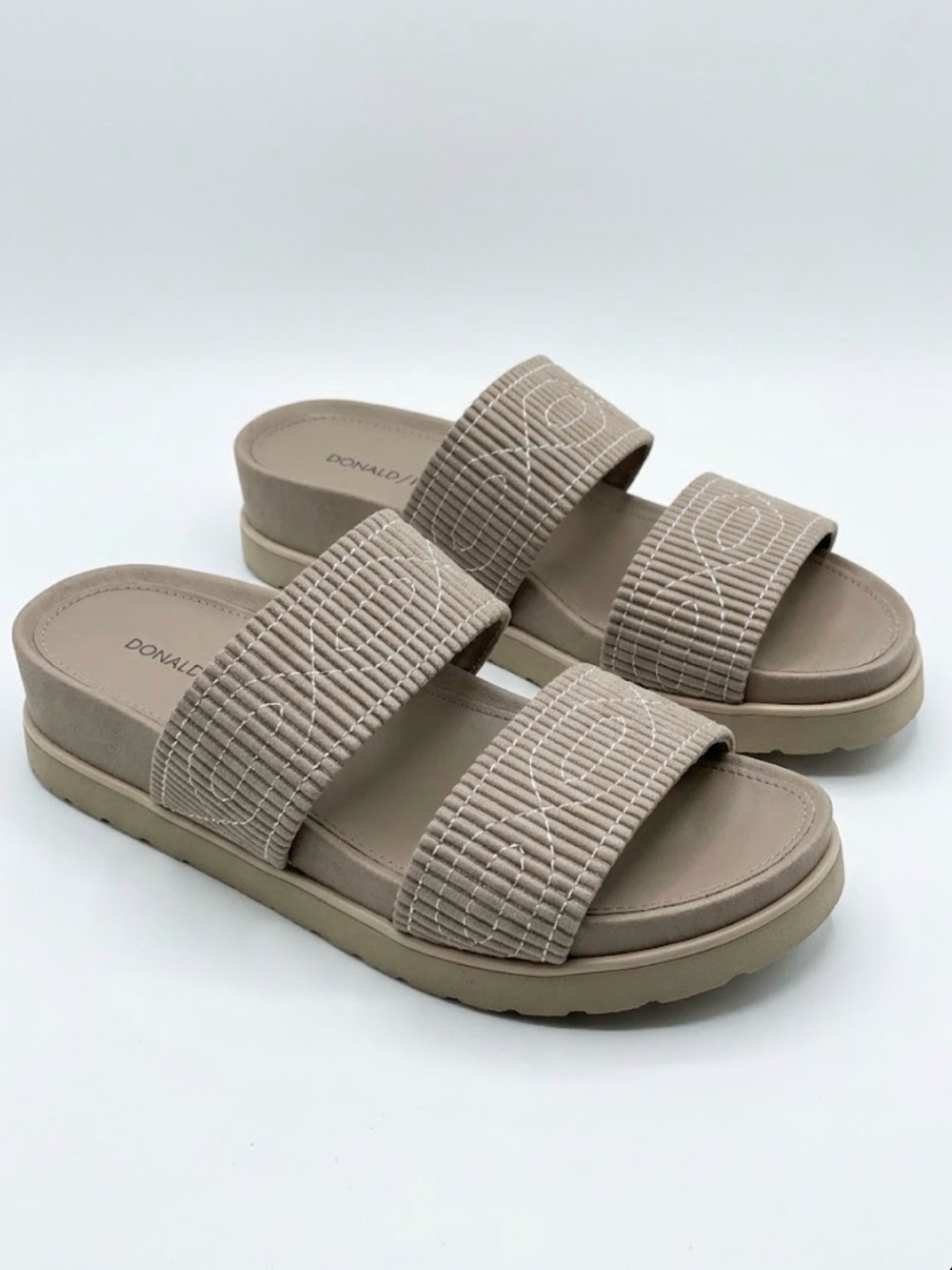 Donald Pliner Taupe Ribbed Embroidered Double Band Platform Slide Sandals 8M